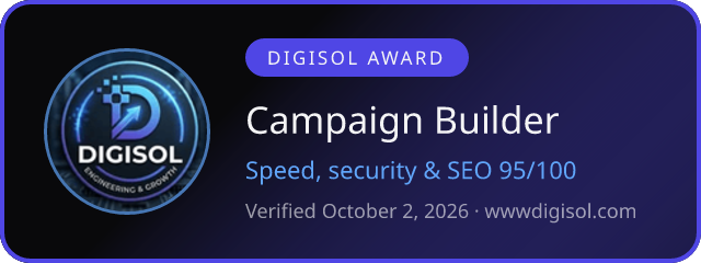 Digisol Awarded: Campaign Builder — Speed, Security & SEO 95/100. Verified October 2, 2026.